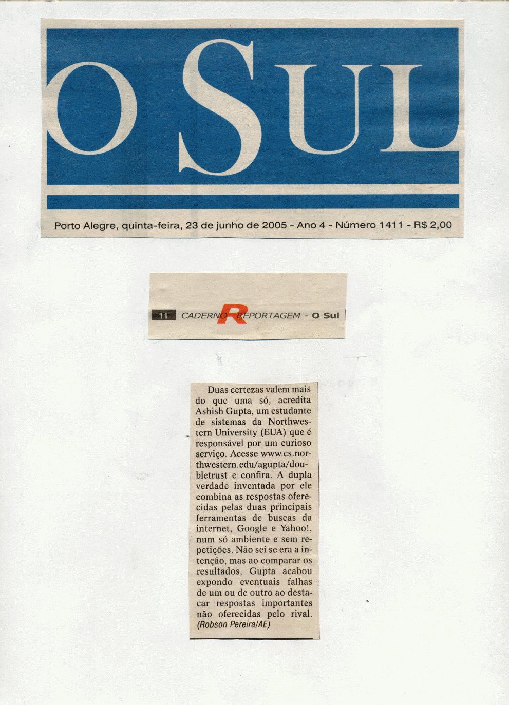 Scan of O Sul newspaper, Porto Alegre, June 23, 2005, with a short piece about Ashish Gupta and DoubleTrust