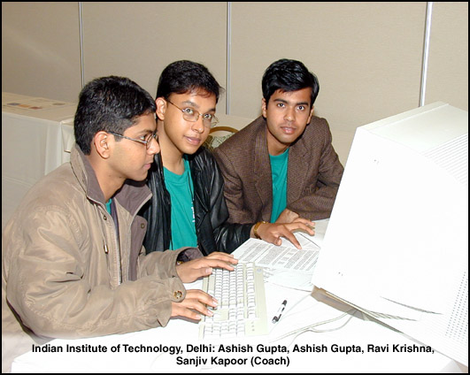 The IIT Delhi team at a contest workstation at the 2001 World Finals in Vancouver